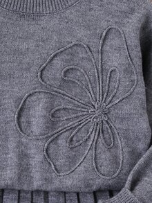 Tween Girls Embroidered Crew Neck Sweater & Pleated Skirt Set,Grey,Autumn,School,Back-To-School Soft Long Sleeve Knitted Dress Outfits For Teen - Grey - View 4