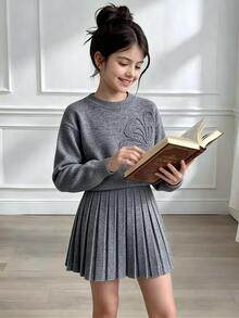 Tween Girls Embroidered Crew Neck Sweater & Pleated Skirt Set,Grey,Autumn,School,Back-To-School Soft Long Sleeve Knitted Dress Outfits For Teen - Grey - View 9