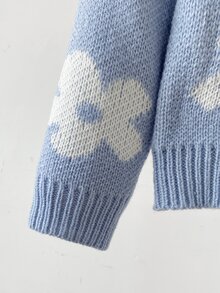 SHEIN 女童秋冬加厚時尚蝴蝶結可愛簡約針織長袖開襟毛衣 - 藍色 - 查看 5