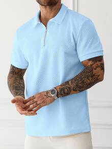 Manfinity Homme 大尺碼男士深綠色華夫格紋 Polo 衫，短袖拉鍊領口 Polo 衫，休閒夏季度假風，老錢風復古 - 淺藍色 - 查看 4