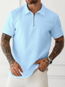 Manfinity Homme 大尺碼男士深綠色華夫格紋 Polo 衫，短袖拉鍊領口 Polo 衫，休閒夏季度假風，老錢風復古 - 淺藍色 - 查看 1