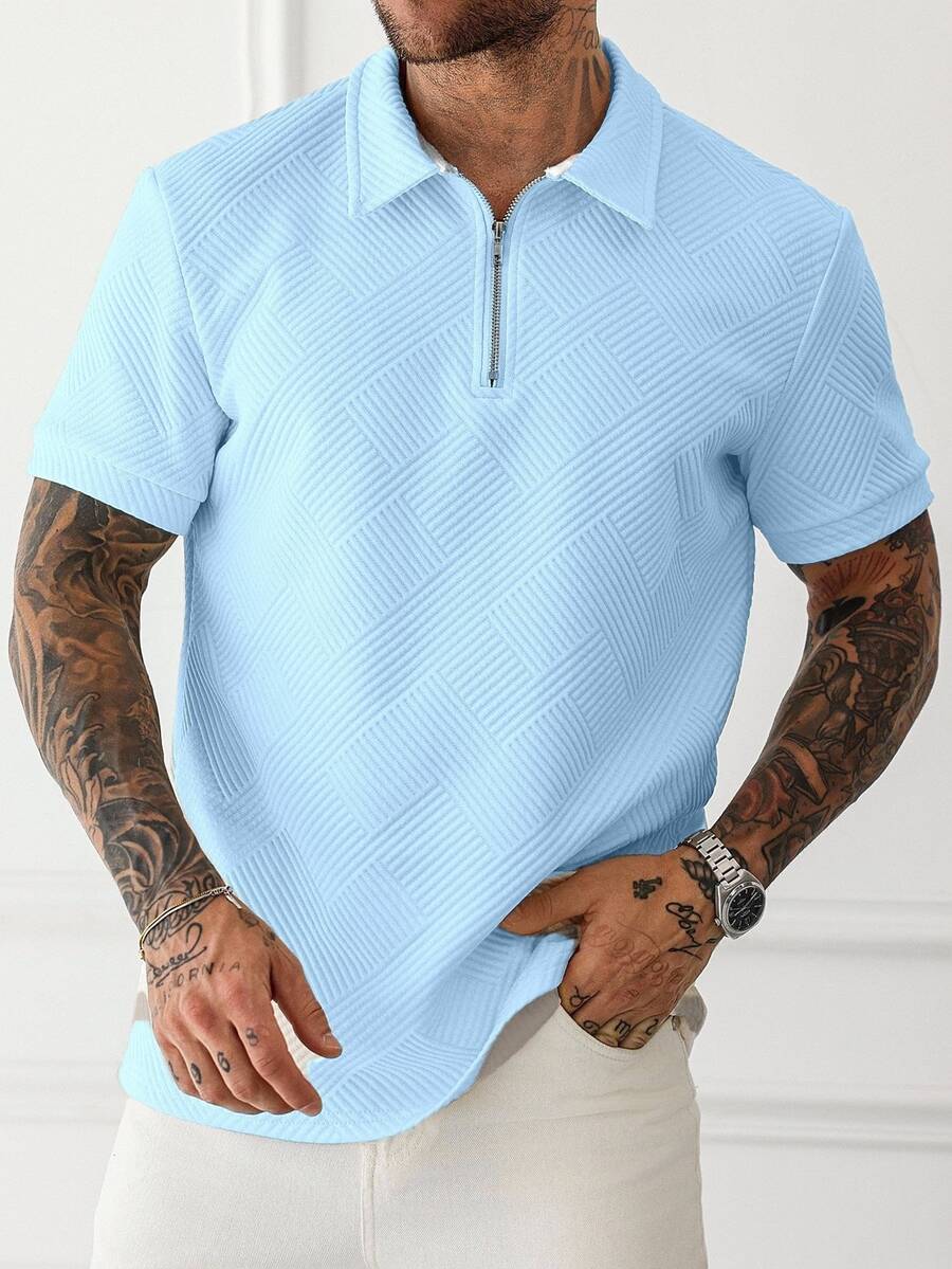 Manfinity Homme 大尺碼男士深綠色華夫格紋 Polo 衫,短袖拉鍊領口 Polo 衫,休閒夏季度假風,老錢風復古 - 淺藍色 - 查看 1