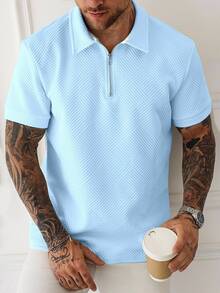 Manfinity Homme 大尺碼男士深綠色華夫格紋 Polo 衫，短袖拉鍊領口 Polo 衫，休閒夏季度假風，老錢風復古 - 淺藍色 - 查看 3