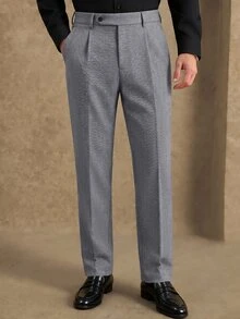 Manfinity Bizformal 男士深灰色單褶魚骨紋單腰帶長褲 義式極簡商務休閒西裝長褲 - 深灰色 - 查看 5