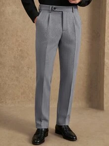 Manfinity Bizformal 男士深灰色單褶魚骨紋單腰帶長褲 義式極簡商務休閒西裝長褲 - 深灰色 - 查看 4