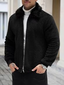 Manfinity Homme 男士休閒復古時尚毛絨長袖夾克，外出與休閒必備，送給家人與朋友的完美禮物 - 黑色 - 查看 3
