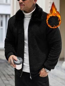 Manfinity Homme 男士休閒復古時尚毛絨長袖夾克，外出與休閒必備，送給家人與朋友的完美禮物 - 黑色 - 查看 1