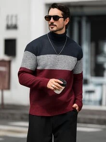 Marcello Vane 男士秋冬保暖內裡針織高領套頭毛衣，休閒登山上衣，情人節穿搭 - 酒紅色 - 查看 3
