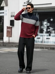 Marcello Vane 男士秋冬保暖內裡針織高領套頭毛衣，休閒登山上衣，情人節穿搭 - 酒紅色 - 查看 6