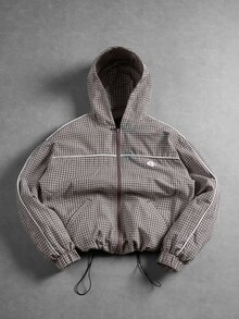 PAVTROS Men's Plaid Hooded Loose Casual Jacket Y2k Zipper Jacket, Adjustable Hem With Drawstring, Suitable For Daily Wear, Outings, Sports, School, Parties, Music Festivals And Other Casual Occasions - Grey - View 3