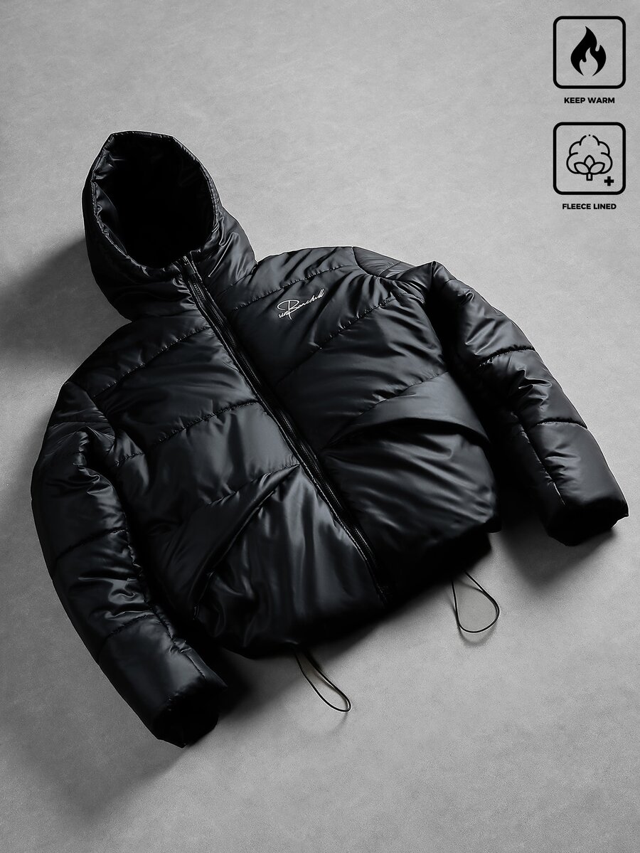 Manfinity Roghcode Men's Streetwear Zipper Hooded Jacket, Letter Print Design, Suitable For Outings And Daily Wear, Gift For Friends And Boyfriend, Men's Zipper Jacket, Men's Hooded Jacket, Autumn/Winter - Black - View 1