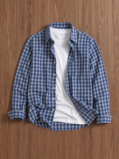 TOKVUE Men's American Retro Blue And White Striped Plaid Collar Long Sleeve Shirt, Loose Drop Shoulder Silhouette, Japanese Casual Slouchy Teacher