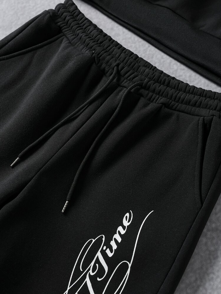 PAVTROS Men American Vintage Cursive Letter Short Hoodie & Loose Wide Leg Sweatpants 2 Pieces Set, Goth - Black - View 6