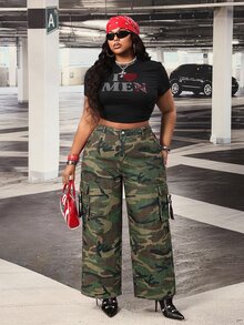 Slaydiva Plus Size Women High Waist Loose Cargo Big Pocket Camouflage Print Denim Jeans,Fall/Winter,Camo Pants For Women - Green - View 3