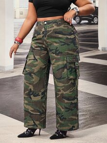 Slaydiva Plus Size Women High Waist Loose Cargo Big Pocket Camouflage Print Denim Jeans,Fall/Winter,Camo Pants For Women - Green - View 4