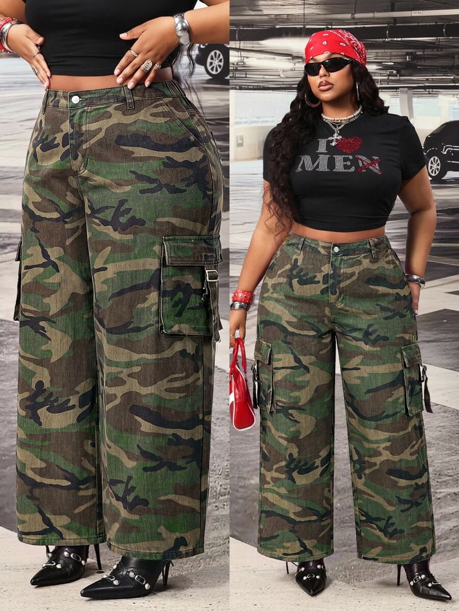 Slaydiva Plus Size Women High Waist Loose Cargo Big Pocket Camouflage Print Denim Jeans,Fall/Winter,Camo Pants For Women - Green - View 1