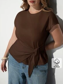 Maija Plus Size Women Solid Color Round Neck Knot Waist Casual T-Shirt - Brown - View 1