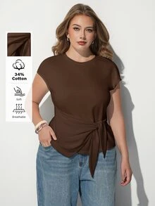 Maija Plus Size Women Solid Color Round Neck Knot Waist Casual T-Shirt - Brown - View 2