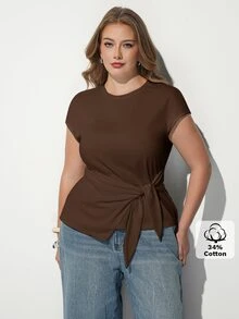 Maija Plus Size Women Solid Color Round Neck Knot Waist Casual T-Shirt - Brown - View 4