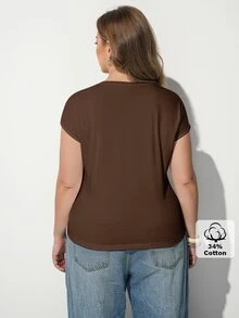 Maija Plus Size Women Solid Color Round Neck Knot Waist Casual T-Shirt - Brown - View 7