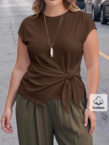 Maija Plus Size Women Solid Color Round Neck Knot Waist Casual T-Shirt - Brown - View 6