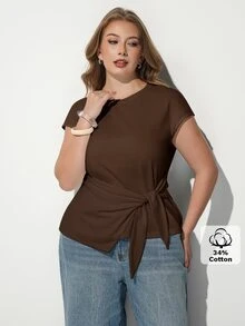 Maija Plus Size Women Solid Color Round Neck Knot Waist Casual T-Shirt - Brown - View 5