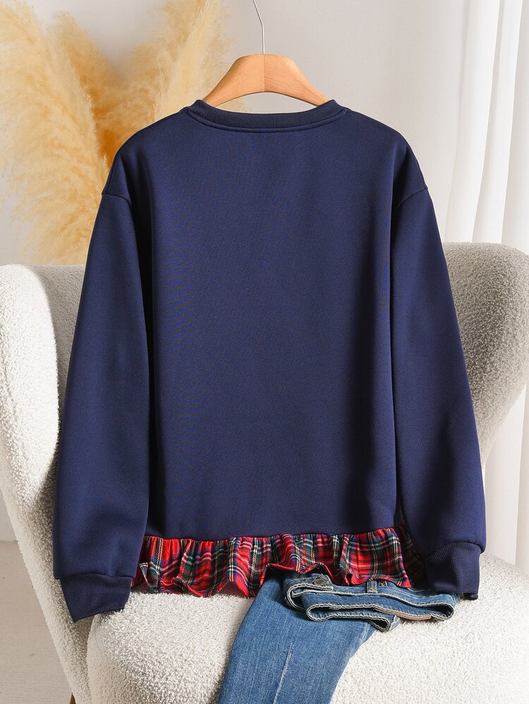 Story & Sage Women's Patchwork Plaid Ruffle Hem Long Sleeve Crew Neck Sweatshirt Everyday School Navy Blue Autumn Casual Preppy Sweatshirt For Women Fall/Winter - Navy Blue - View 2