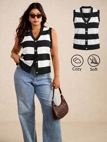 Elaquor Plus Size Sleeveless Knitted Sweater Vest Fashionable For Autumn Business Casual Elegant Woman Formal Vacation Evening Black And White - Black and White - View 2