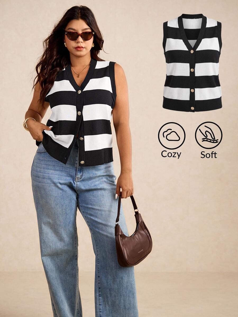 Elaquor Plus Size Sleeveless Knitted Sweater Vest Fashionable For Autumn Business Casual Elegant Woman Formal Vacation Evening Black And White