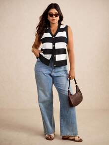 Elaquor Plus Size Sleeveless Knitted Sweater Vest Fashionable For Autumn Business Casual Elegant Woman Formal Vacation Evening Black And White - Black and White - View 5