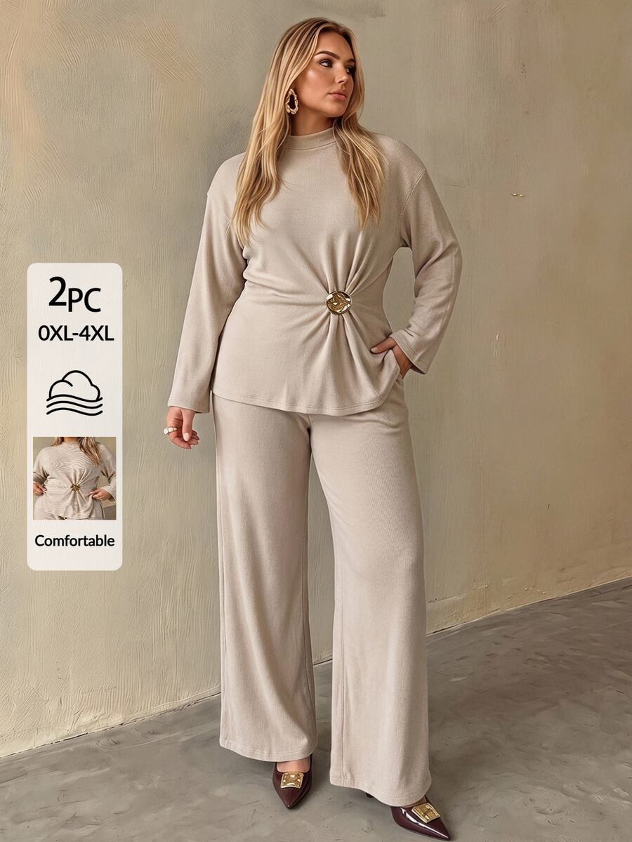 Auralis Khaki Basic Casual Flared Long Sleeve Side Slit Set/Elastic Waistband/Metal Buckle Adjustable Waist/Apricot Comfortable Loungewear Set / Everyday Wear