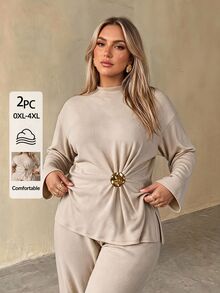 Auralis Khaki Basic Casual Flared Long Sleeve Side Slit Set/Elastic Waistband/Metal Buckle Adjustable Waist/Apricot Comfortable Loungewear Set / Everyday Wear - Khaki - View 6