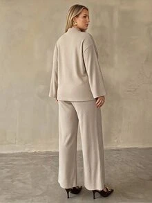 Auralis Khaki Basic Casual Flared Long Sleeve Side Slit Set/Elastic Waistband/Metal Buckle Adjustable Waist/Apricot Comfortable Loungewear Set / Everyday Wear - Khaki - View 4