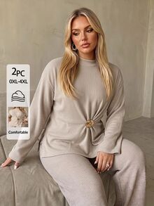 Auralis Khaki Basic Casual Flared Long Sleeve Side Slit Set/Elastic Waistband/Metal Buckle Adjustable Waist/Apricot Comfortable Loungewear Set / Everyday Wear - Khaki - View 7