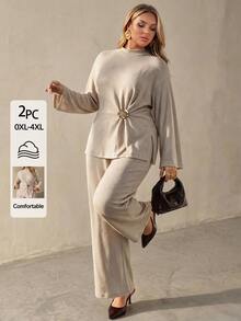 Auralis Khaki Basic Casual Flared Long Sleeve Side Slit Set/Elastic Waistband/Metal Buckle Adjustable Waist/Apricot Comfortable Loungewear Set / Everyday Wear - Khaki - View 3