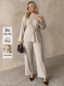 Auralis Khaki Basic Casual Flared Long Sleeve Side Slit Set/Elastic Waistband/Metal Buckle Adjustable Waist/Apricot Comfortable Loungewear Set / Everyday Wear - Khaki - View 5