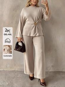 Auralis Khaki Basic Casual Flared Long Sleeve Side Slit Set/Elastic Waistband/Metal Buckle Adjustable Waist/Apricot Comfortable Loungewear Set / Everyday Wear - Khaki - View 8
