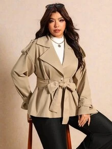 Elaquor Plus Size Women Solid Color Drop Shoulder Long Sleeve Double Breasted Casual Elegant Normal Jacket Autumn Teachers' Day Office Evening Formal Fall - Khaki - View 12