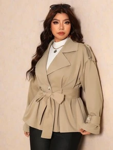 Elaquor Plus Size Women Solid Color Drop Shoulder Long Sleeve Double Breasted Casual Elegant Normal Jacket Autumn Teachers' Day Office Evening Formal Fall - Khaki - View 6