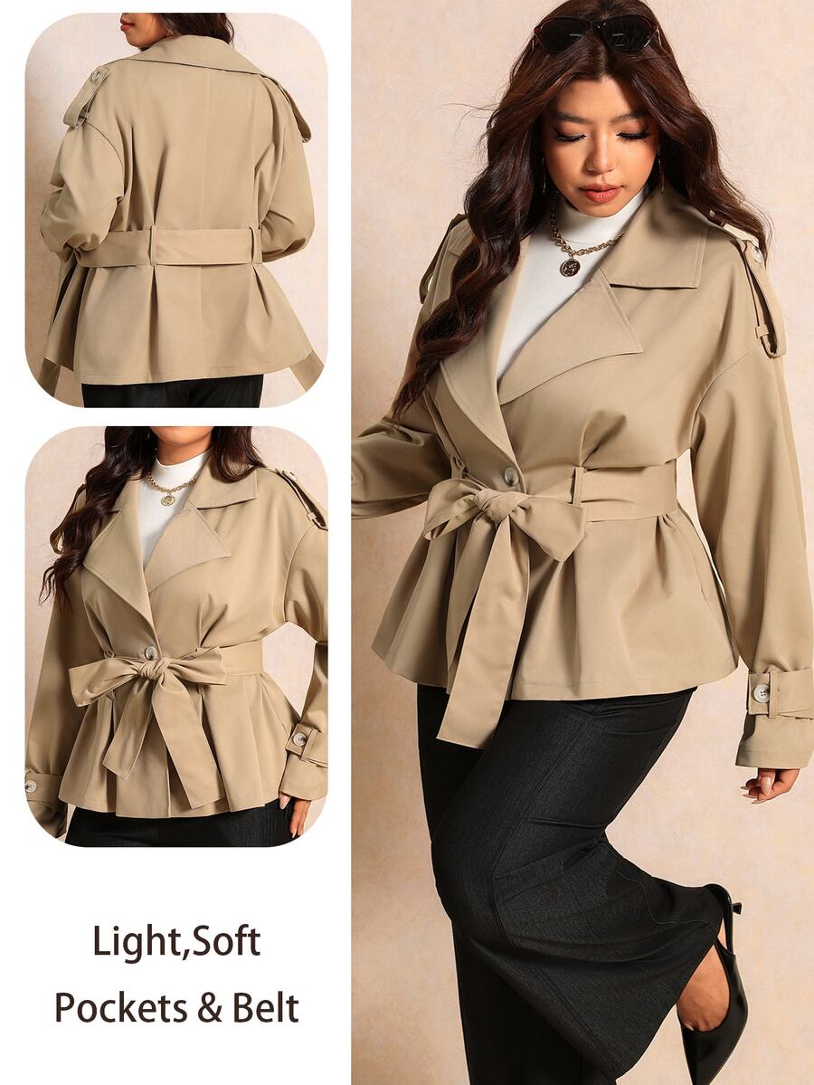 Elaquor Plus Size Women Solid Color Drop Shoulder Long Sleeve Double Breasted Casual Elegant Normal Jacket Autumn Teachers' Day Office Evening Formal Fall