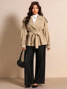 Elaquor Plus Size Women Solid Color Drop Shoulder Long Sleeve Double Breasted Casual Elegant Normal Jacket Autumn Teachers' Day Office Evening Formal Fall - Khaki - View 11