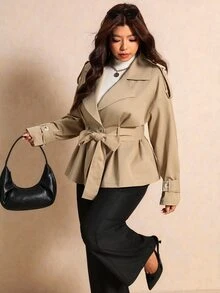 Elaquor Plus Size Women Solid Color Drop Shoulder Long Sleeve Double Breasted Casual Elegant Normal Jacket Autumn Teachers' Day Office Evening Formal Fall - Khaki - View 5
