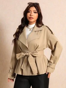Elaquor Plus Size Women Solid Color Drop Shoulder Long Sleeve Double Breasted Casual Elegant Normal Jacket Autumn Teachers' Day Office Evening Formal Fall - Khaki - View 4