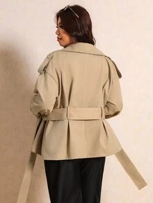 Elaquor Plus Size Women Solid Color Drop Shoulder Long Sleeve Double Breasted Casual Elegant Normal Jacket Autumn Teachers' Day Office Evening Formal Fall - Khaki - View 3