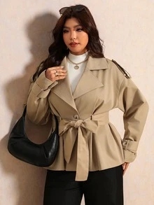 Elaquor Plus Size Women Solid Color Drop Shoulder Long Sleeve Double Breasted Casual Elegant Normal Jacket Autumn Teachers' Day Office Evening Formal Fall - Khaki - View 9