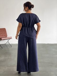 Firerie Plus Size Women's Striped Top And Long Pants Casual Elegant Business Casual Everyday Set Summer/ Teachers' Day Office Work Formal Navy Blue - Navy Blue - View 3