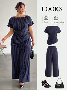 Firerie Plus Size Women's Striped Top And Long Pants Casual Elegant Business Casual Everyday Set Summer/ Teachers' Day Office Work Formal Navy Blue - Navy Blue - View 8
