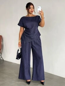 Firerie Plus Size Women's Striped Top And Long Pants Casual Elegant Business Casual Everyday Set Summer/ Teachers' Day Office Work Formal Navy Blue - Navy Blue - View 7