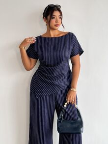 Firerie Plus Size Women's Striped Top And Long Pants Casual Elegant Business Casual Everyday Set Summer/ Teachers' Day Office Work Formal Navy Blue - Navy Blue - View 10