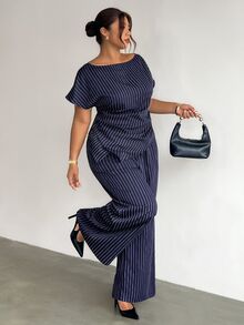 Firerie Plus Size Women's Striped Top And Long Pants Casual Elegant Business Casual Everyday Set Summer/ Teachers' Day Office Work Formal Navy Blue - Navy Blue - View 2